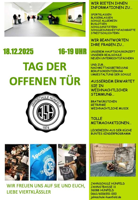 Tag der offenen Tür am 18.12.2025 von 16-19 Uhr der Jahnschule Hünfeld