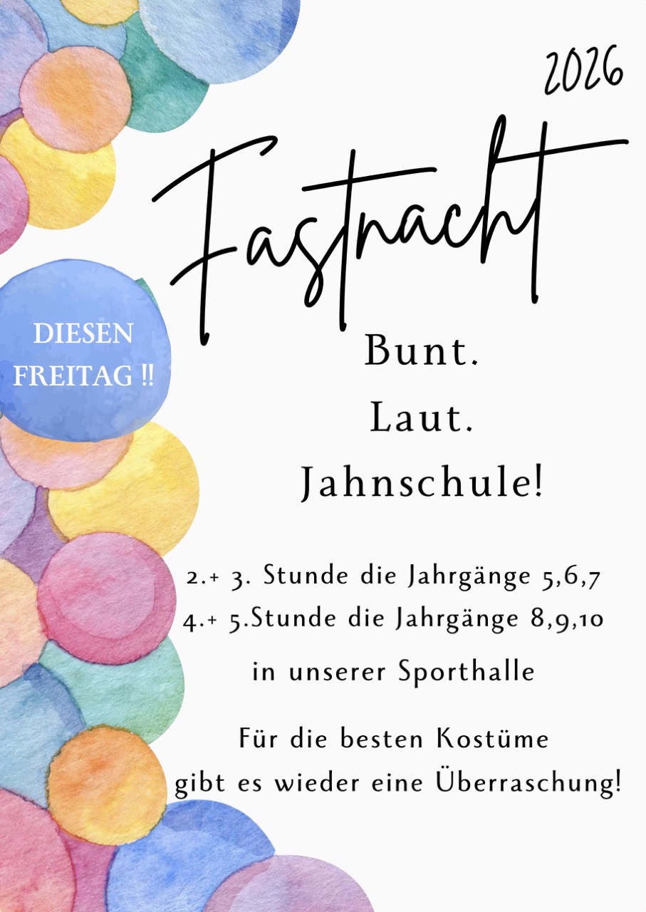 Plakat für die Fastnachtsfeier am FR 13.02.2026 in der Jahnschule Hünfeld