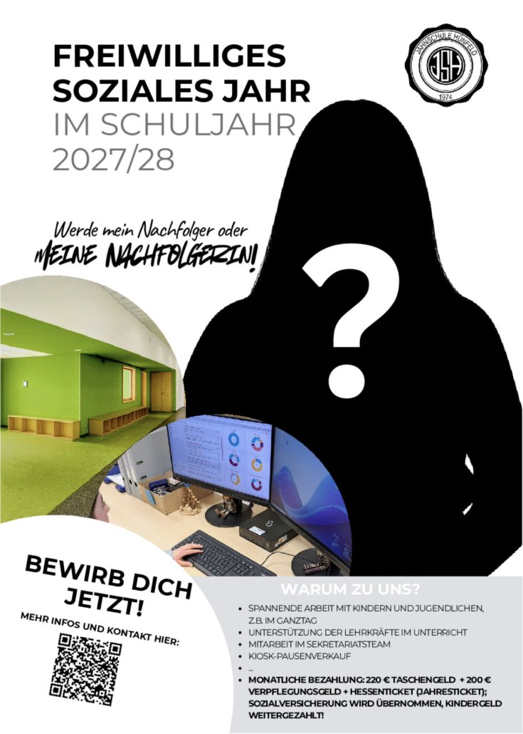 Werde mein Nachfolger oder Nachfolgerin! Flyer Freiwilliges Soziales Jahr im Schuljahr 2027/28